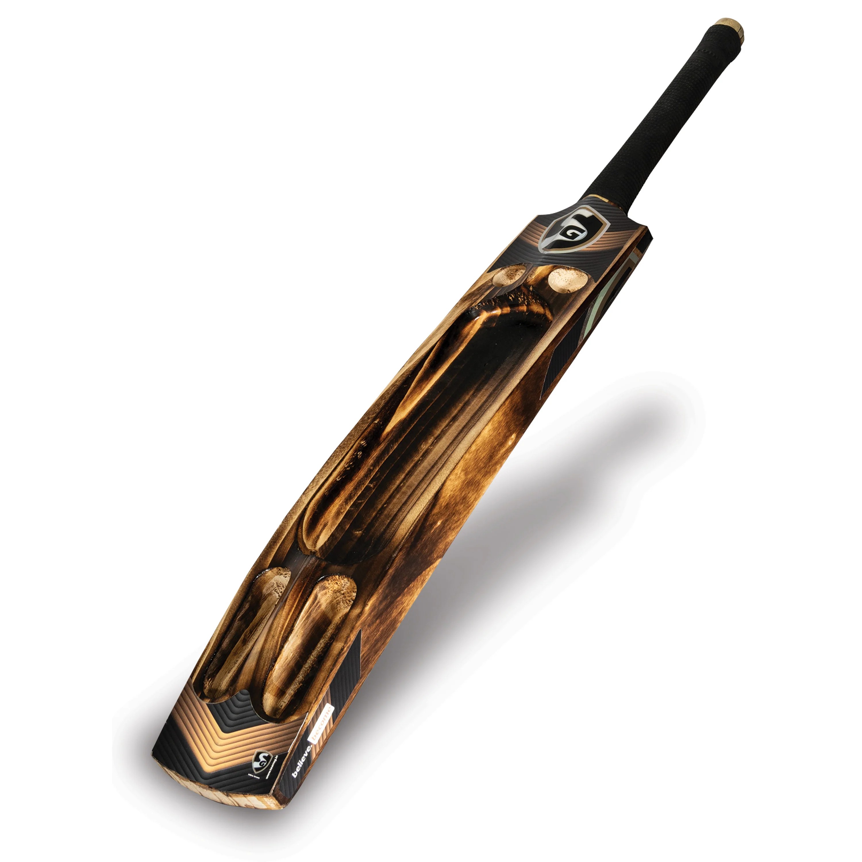 Angled view of SG T-Flame Tennis Cricket Bat with black grip and burnt wood finish at Alberta Cricket Store.