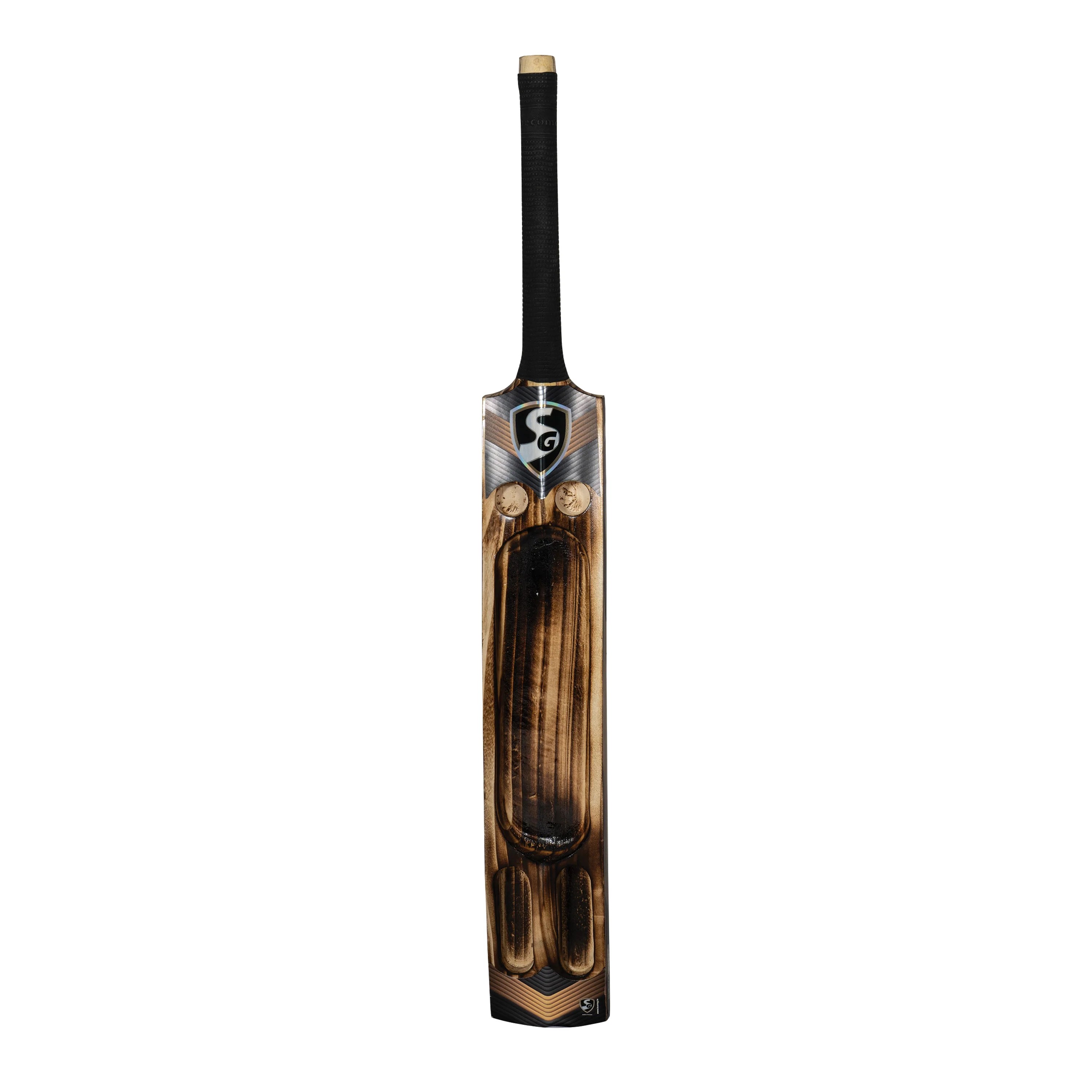 Full back view of SG T-Flame Tennis Cricket Bat showcasing scoop design and burnt wood finish at Alberta Cricket Store.