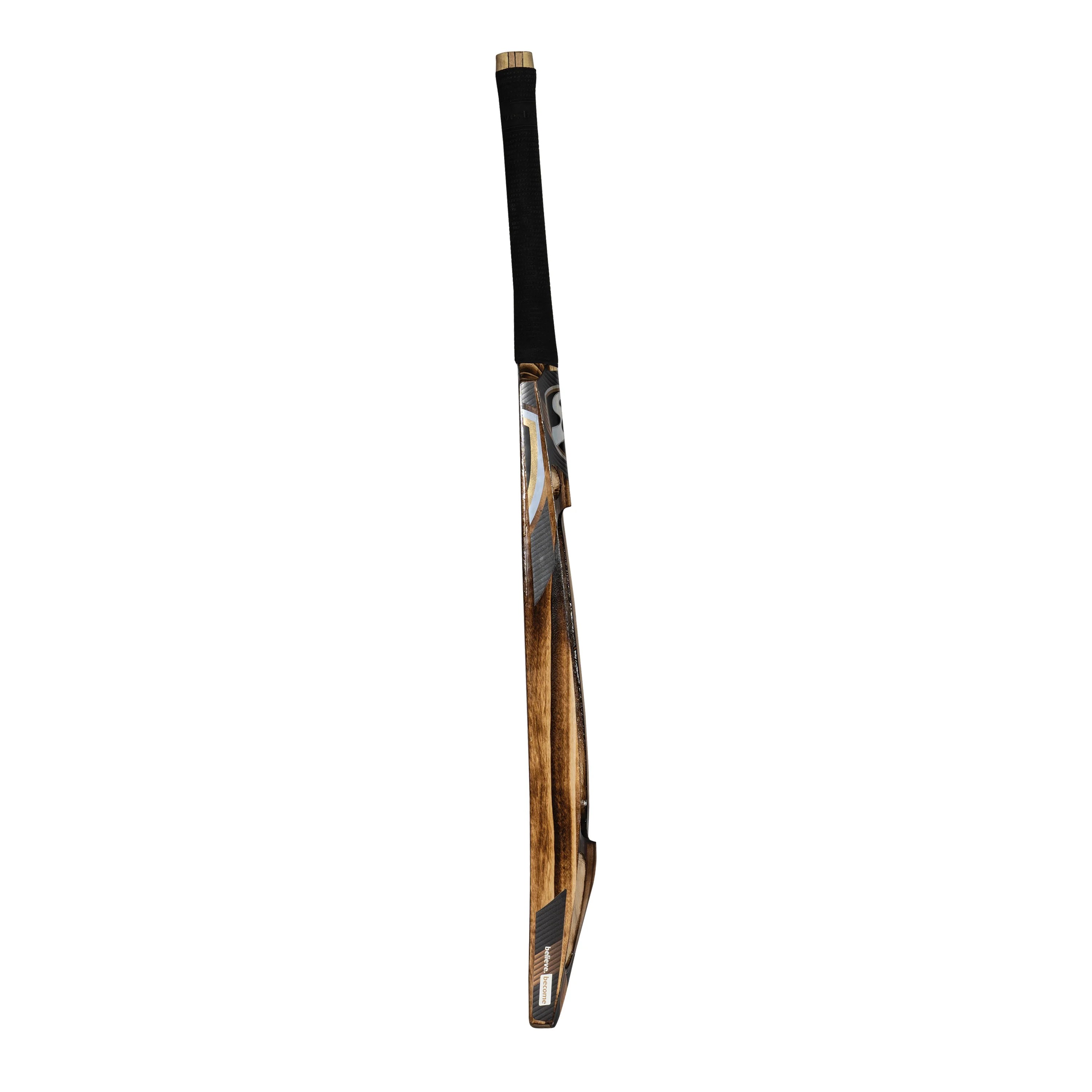 Side profile view of SG T-Flame Tennis Cricket Bat showing aerodynamic curvature at Alberta Cricket Store.