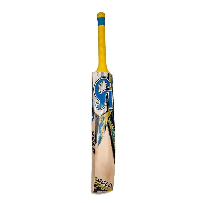CA Gold 1000 Cricket Bat side-angled view with clean wood finish and yellow handle grip at Alberta Cricket Store.