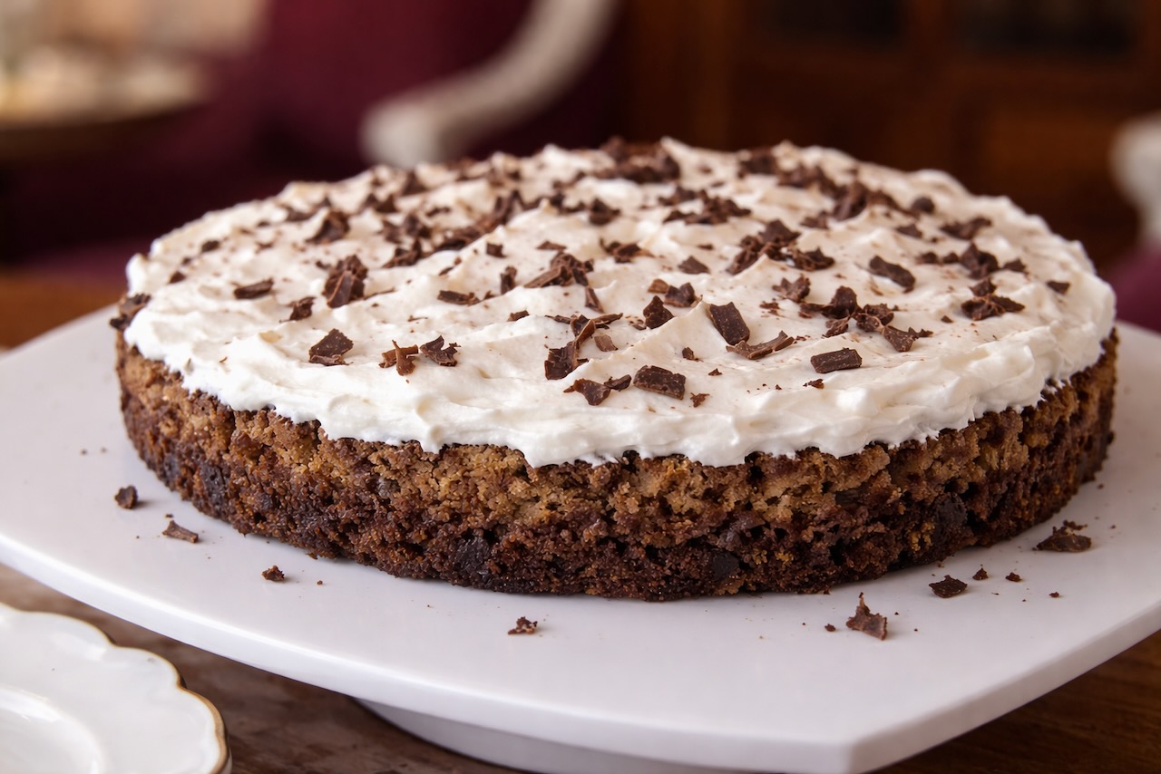 döðluterta með rjóma og súkkulaði heimabökuð á Íslandi