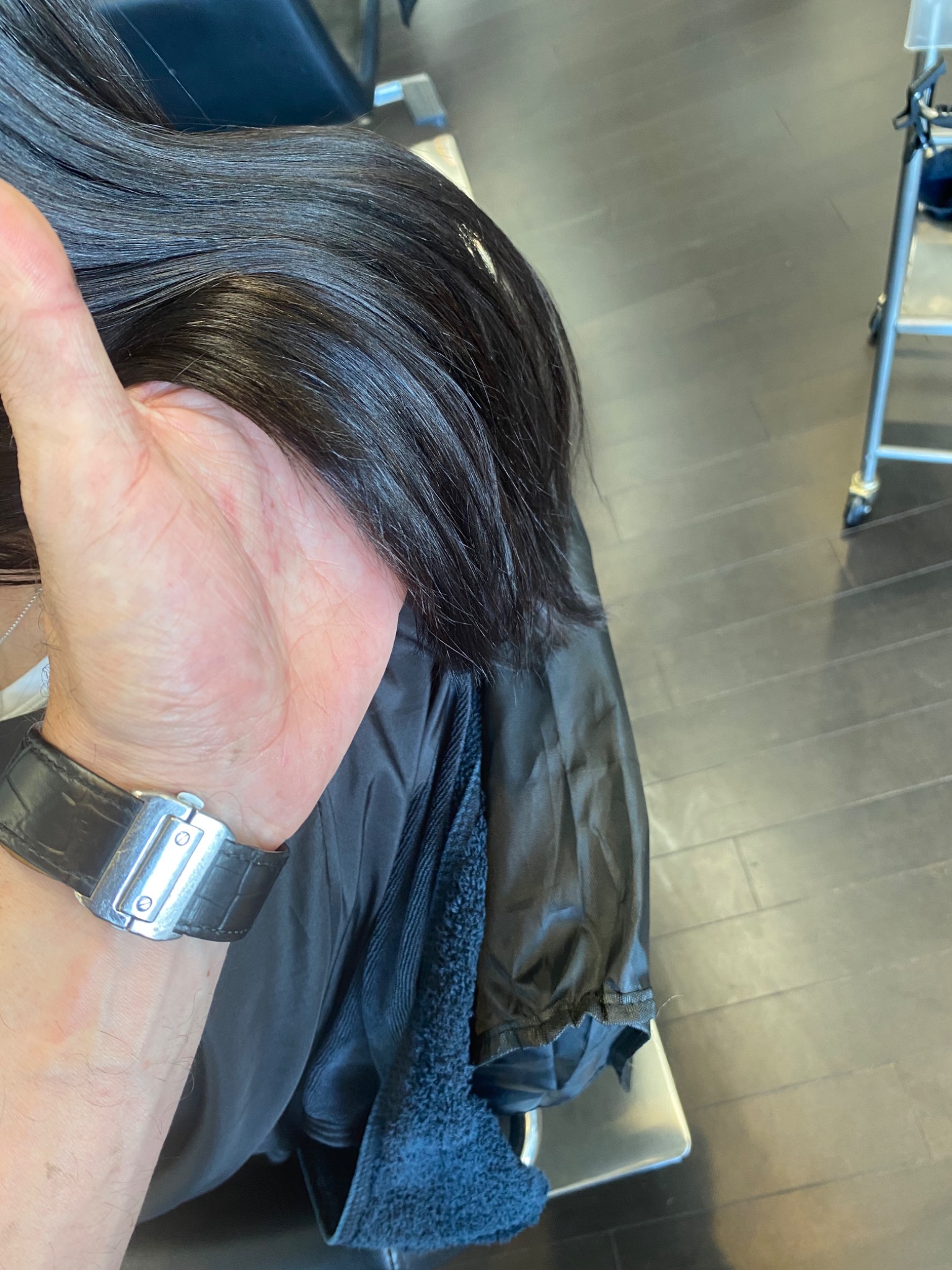 Albert Robin holding a section of polished dark brunette hair during a salon service.
