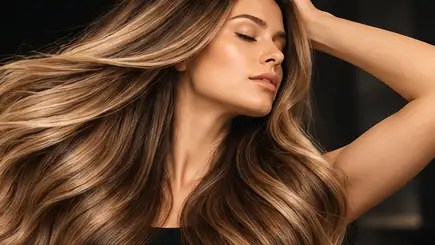 Model with long, flowing highlighted hair