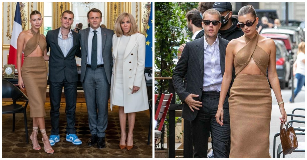 Justin Bieber takon presidentin Macron, partnerja i merr gjithë vëmendjen me pamjen ekstravagante (FOTO LAJM)