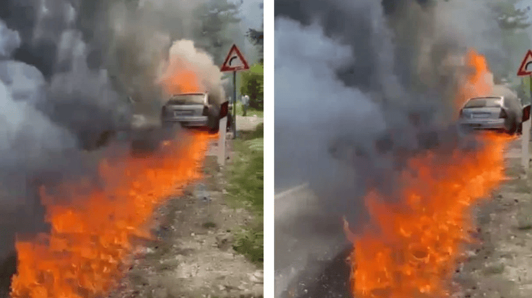 “Shpërthen” në zjarr makina në Llogora, merr flakë edhe rruga