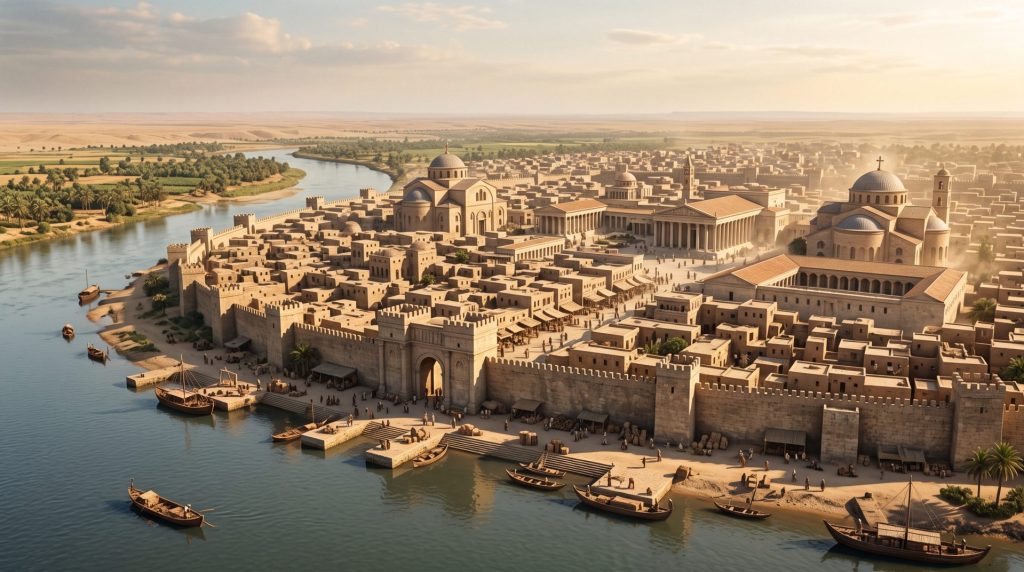 منظر جوي لمدينة تاريخية بجوار نهر، تظهر المباني القديمة والسفن في الماء والأشجار على ضفاف النهر.