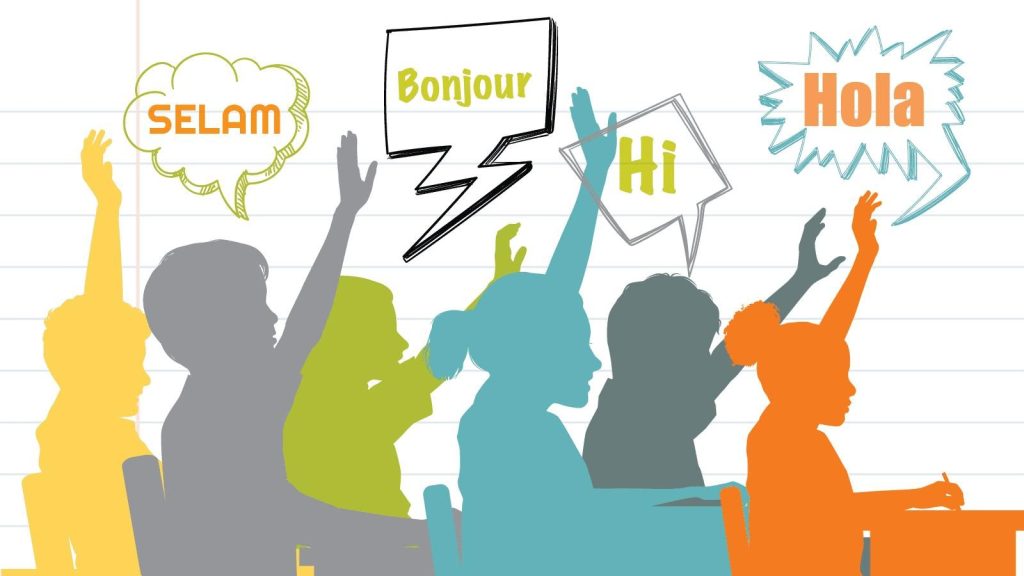 Illustration of diverse students in a classroom setting, raising hands and engaged in a language learning environment, with speech bubbles displaying greetings in different languages like 'SELAM', 'Bonjour', 'Hi', and 'Hola'.