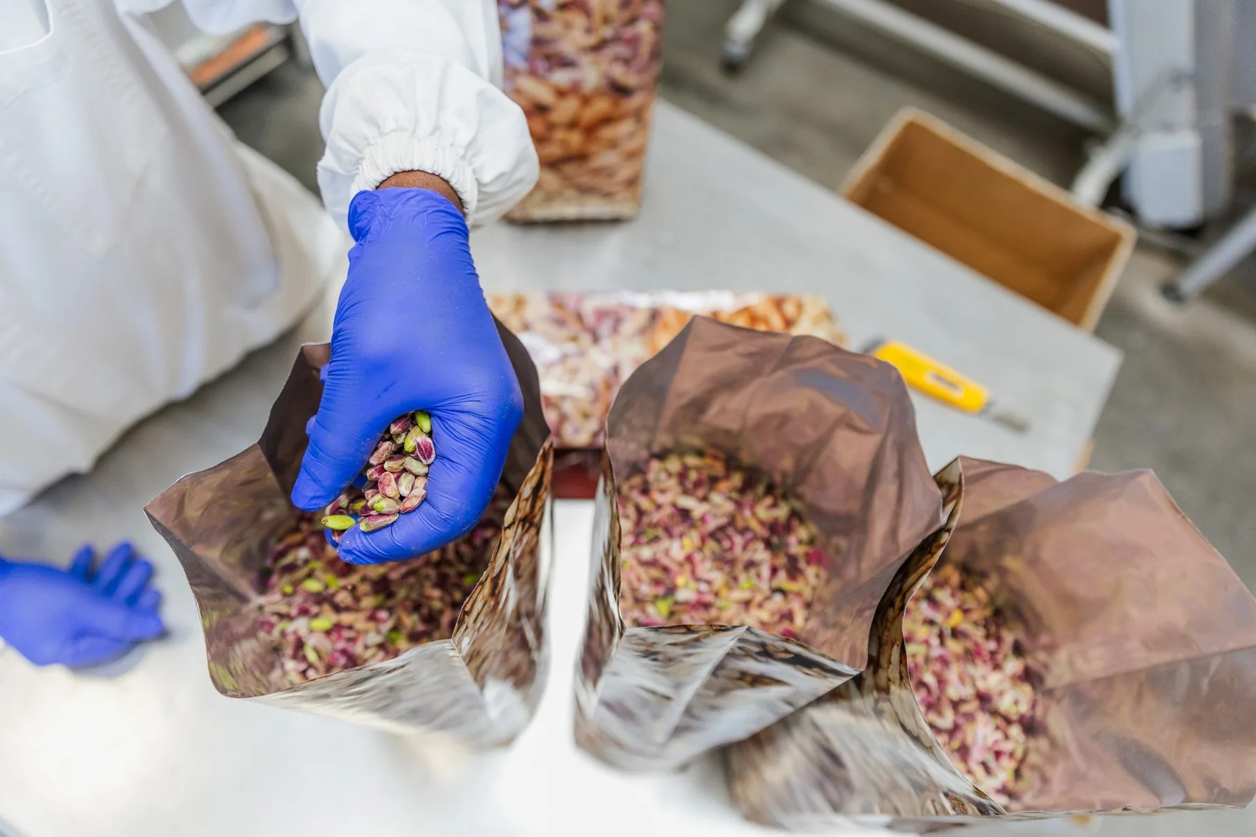 Gloved food production worker handling shelled pistachios above open bags during commercial packaging.