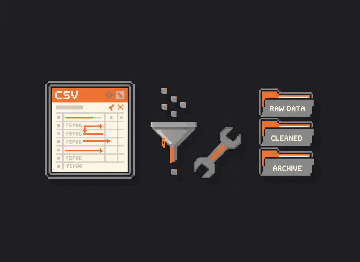 Pixel art data cleaning tools — CSV file, filter funnel, wrench, and folder icons