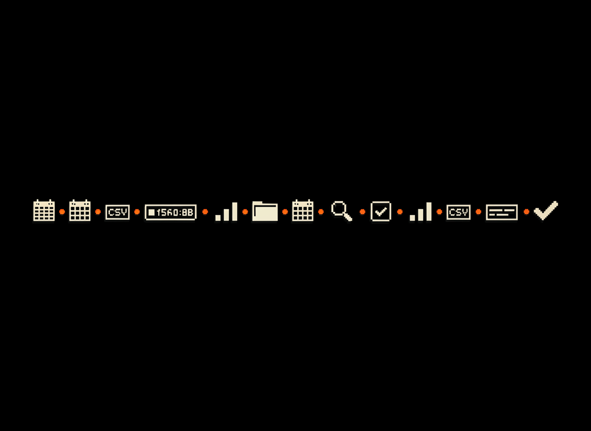 Pixel art divider — repeating data icons: spreadsheet, CSV, chart, folder, magnifier