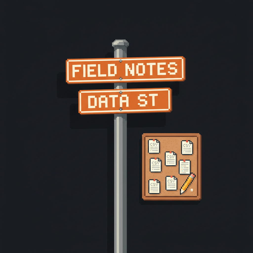 Pixel art urban street sign — FIELD NOTES and DATA ST signs beside a corkboard with CSV icons
