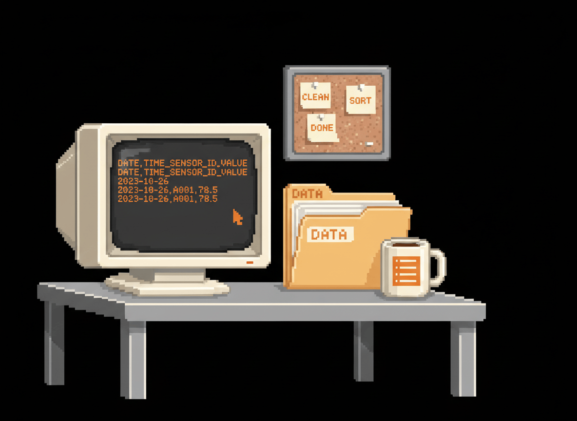 Pixel art data terminal — CRT monitor with CSV rows, folder stack, corkboard with CLEAN SORT DONE notes
