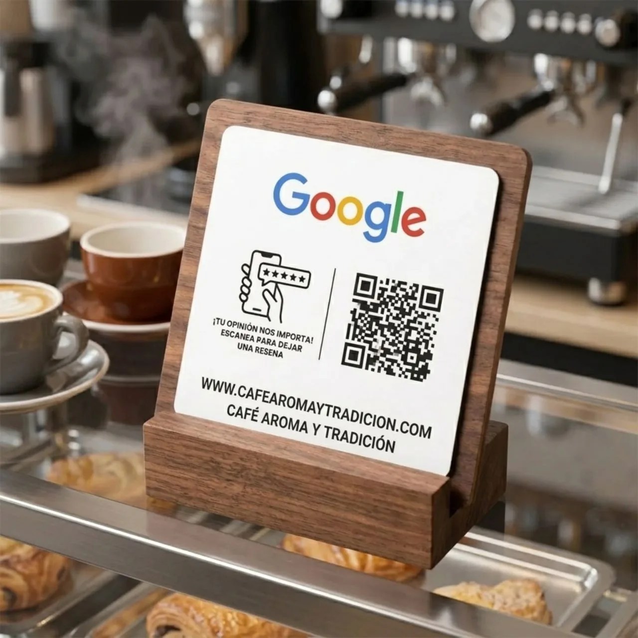 Placa de aluminio y madera QR para Reseñas de Google con Soporte de Madera
