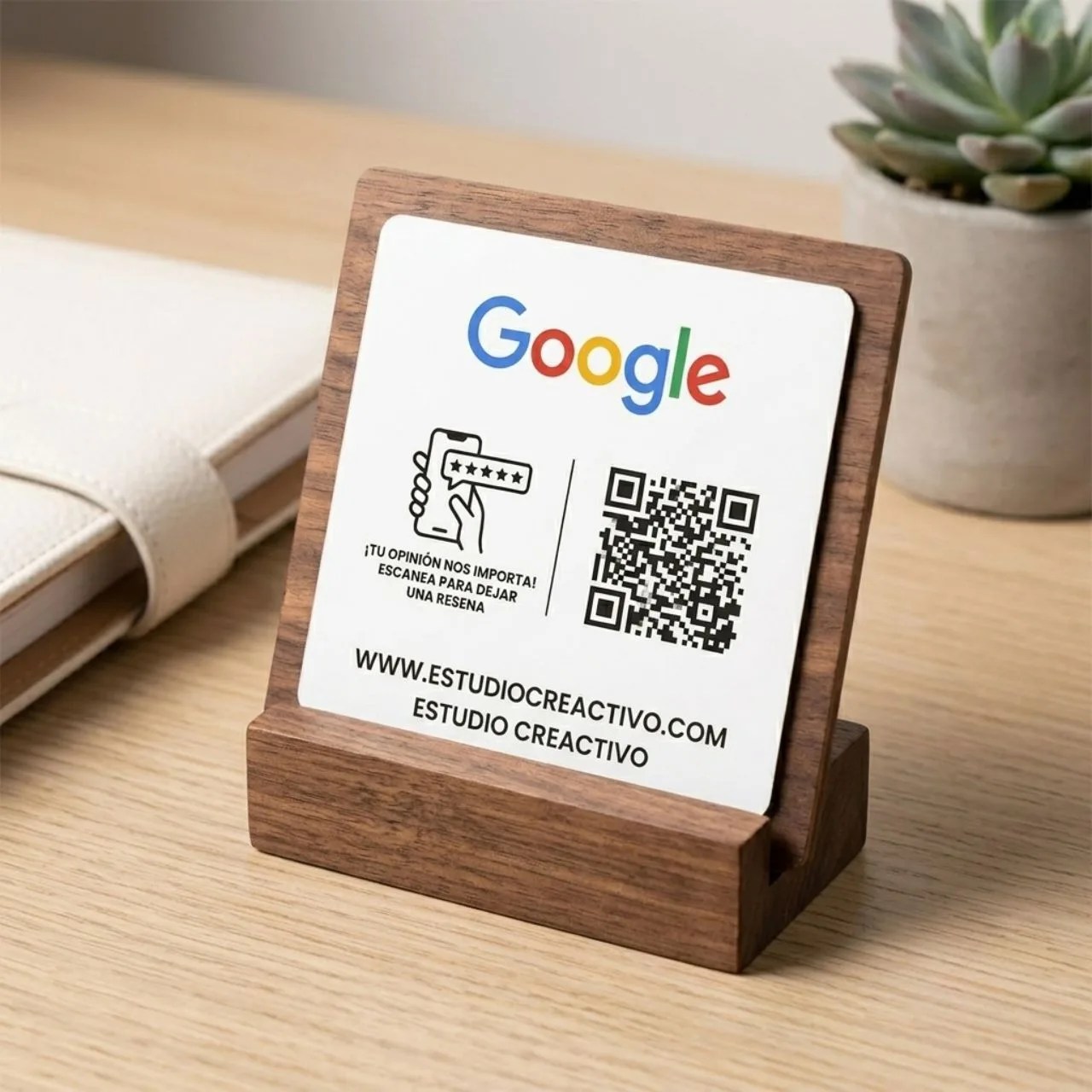 Placa de aluminio y madera QR para Reseñas de Google con Soporte de Madera