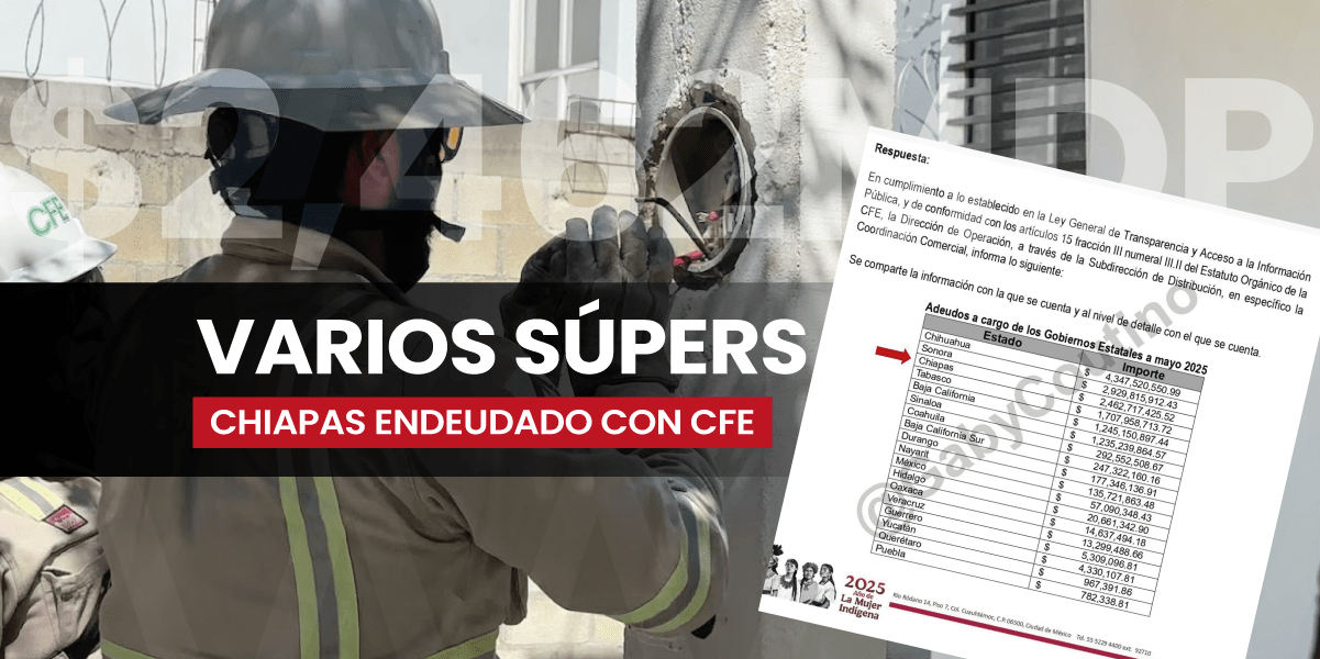 Más de 2 mil 400 millones de pesos es el adeudo del Gobierno de Chiapas con CFE