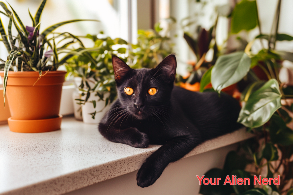 Chettoh lying on a windowsill surrounded by various green plants.