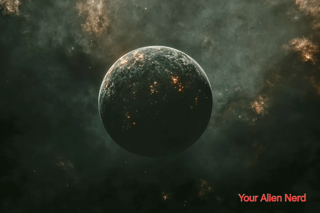 image – YOUR ALIEN NERD A planet with dark terrain and glowing patches, set against a cosmic background of stars and nebulae.