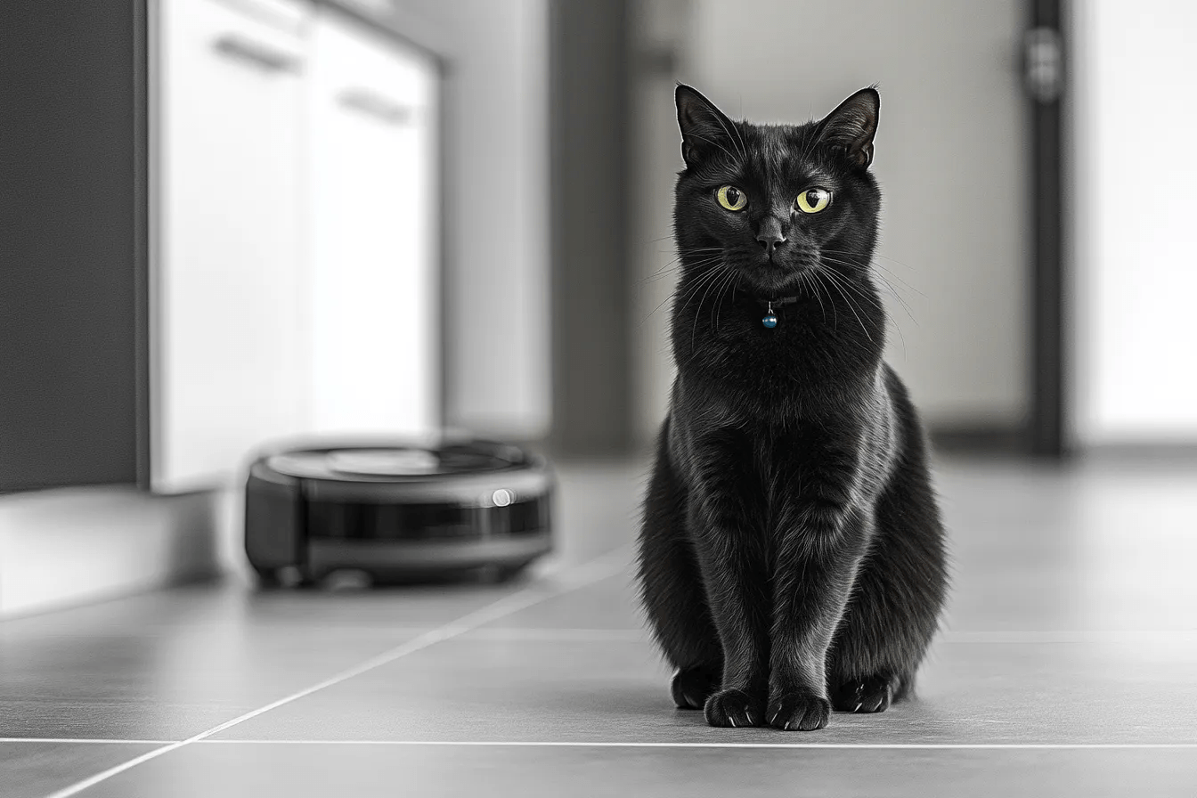 Wolfie Chettoh sitting on a tiled floor, looking directly at the camera, with a blue collar and a robot vacuum cleaner in the background.