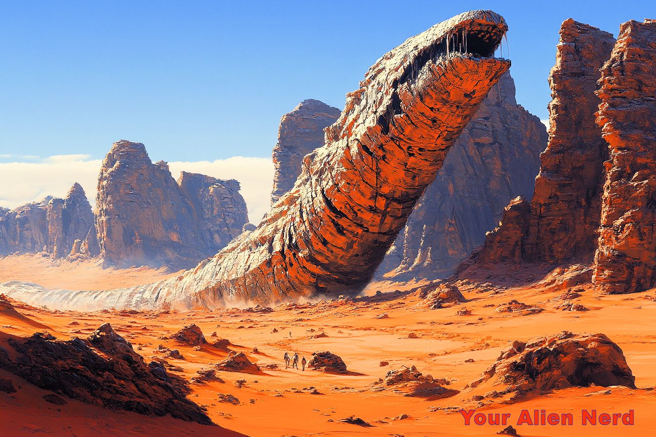 A giant sandworm emerging from the sandy landscape of Arrakis, a.k.a Dune, with rocky formations in the background and small figures walking in the desert.
