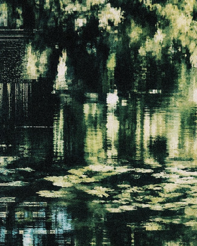 Green claims: a dark pond with water lilies, the green above it dissolving into digital noise.