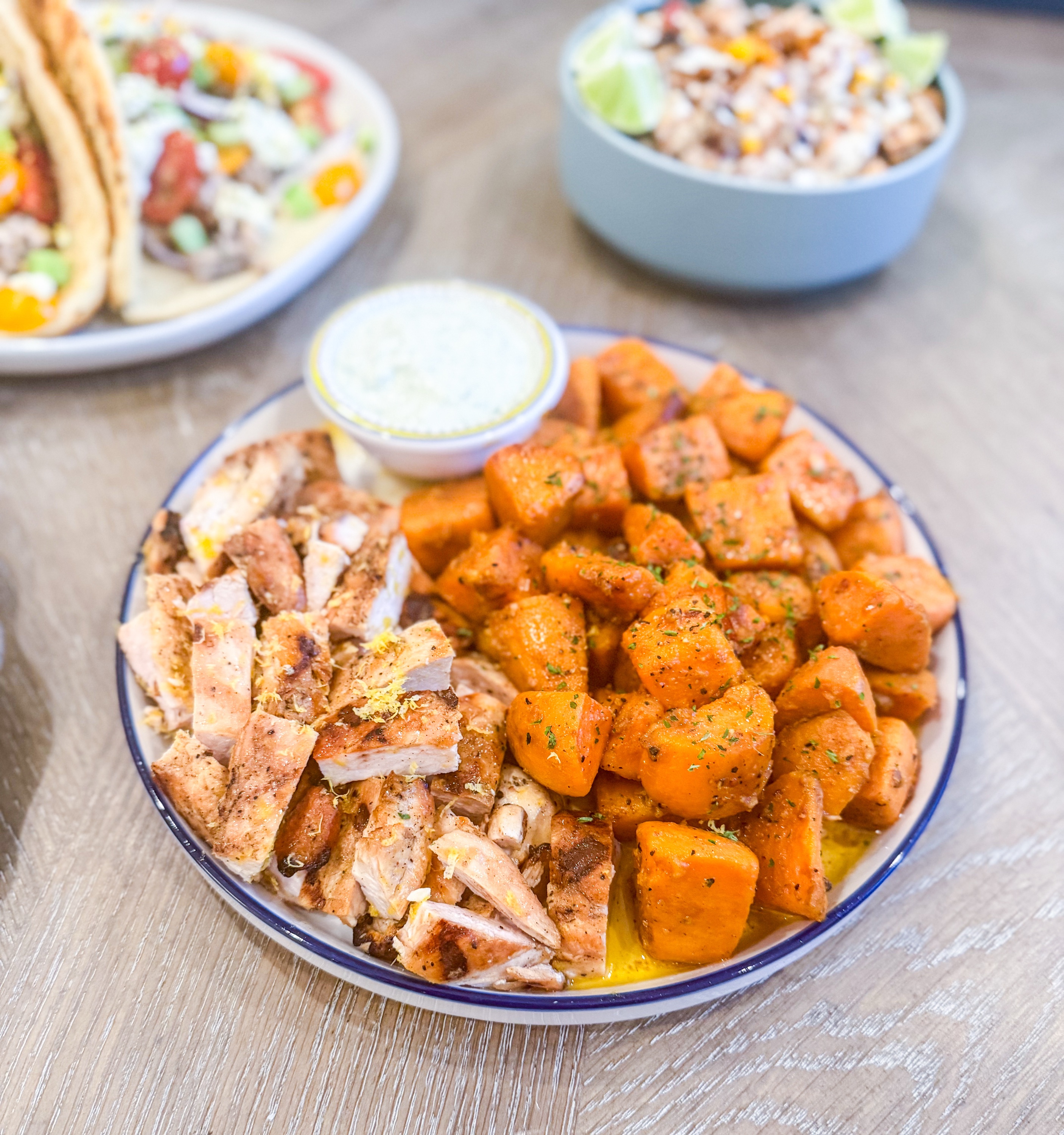 Eat Fit Lemon Chicken with Sweet Potato & Green Goddess - Grilled lemon chicken, roasted sweet potatoes, green goddess dressing dip