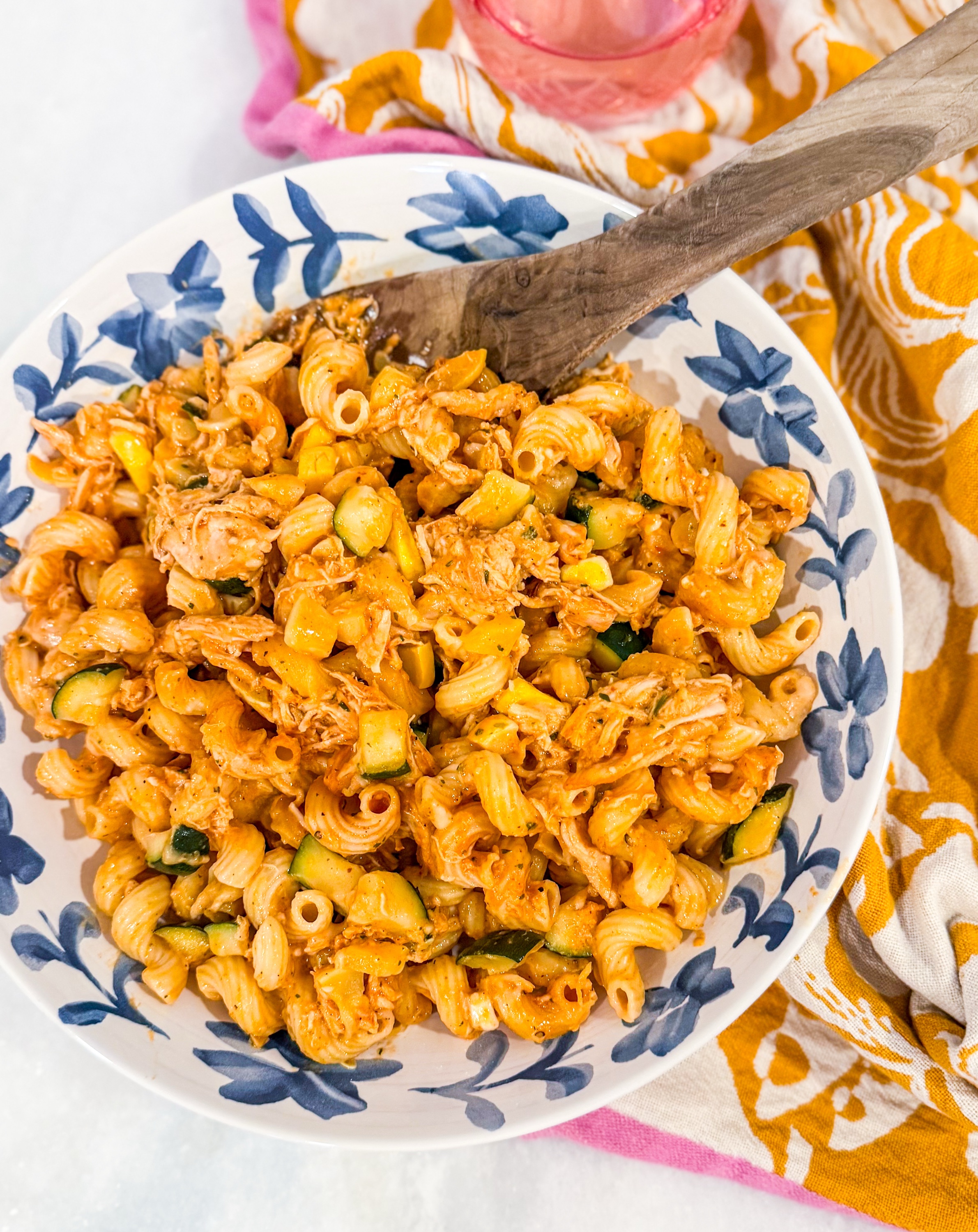 Frozen Roasted Chicken & Summer Vegetable Enchilada Pasta - Roasted chicken, zucchini, yellow squash, Monterey Jack with red enchilada sauce and cavatappi pasta