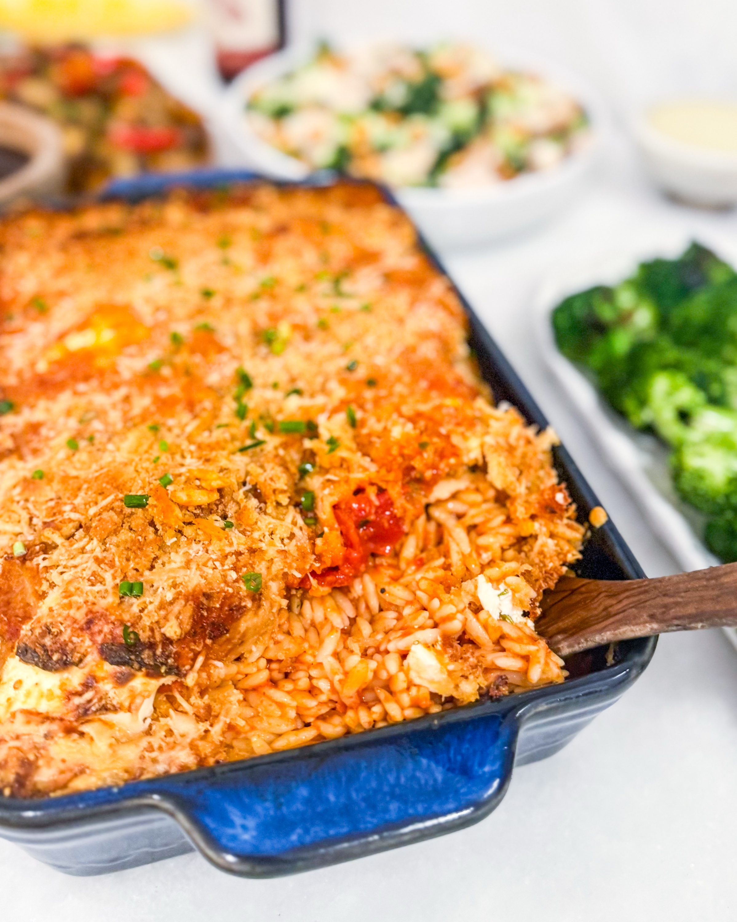 Frozen Chicken Parm Orzo Bake - Creamy baked orzo with chicken, marinara, mozzarella, parmesan, basil