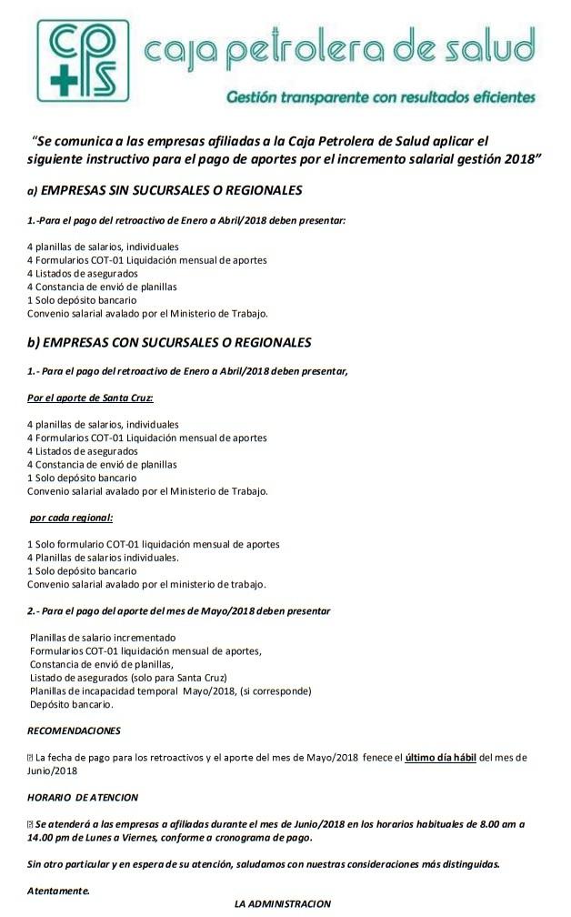 Incremento Salarial 2018 Caja Nacional de Salud