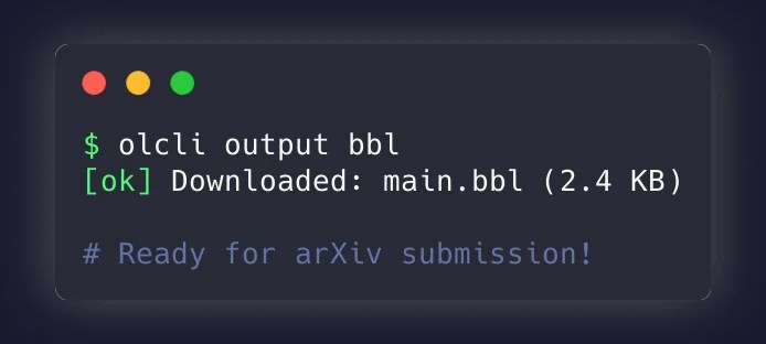olcli output bbl command downloading bibliography file for arXiv submission