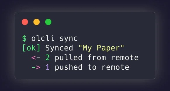 olcli sync command showing bidirectional synchronization between local files and Overleaf