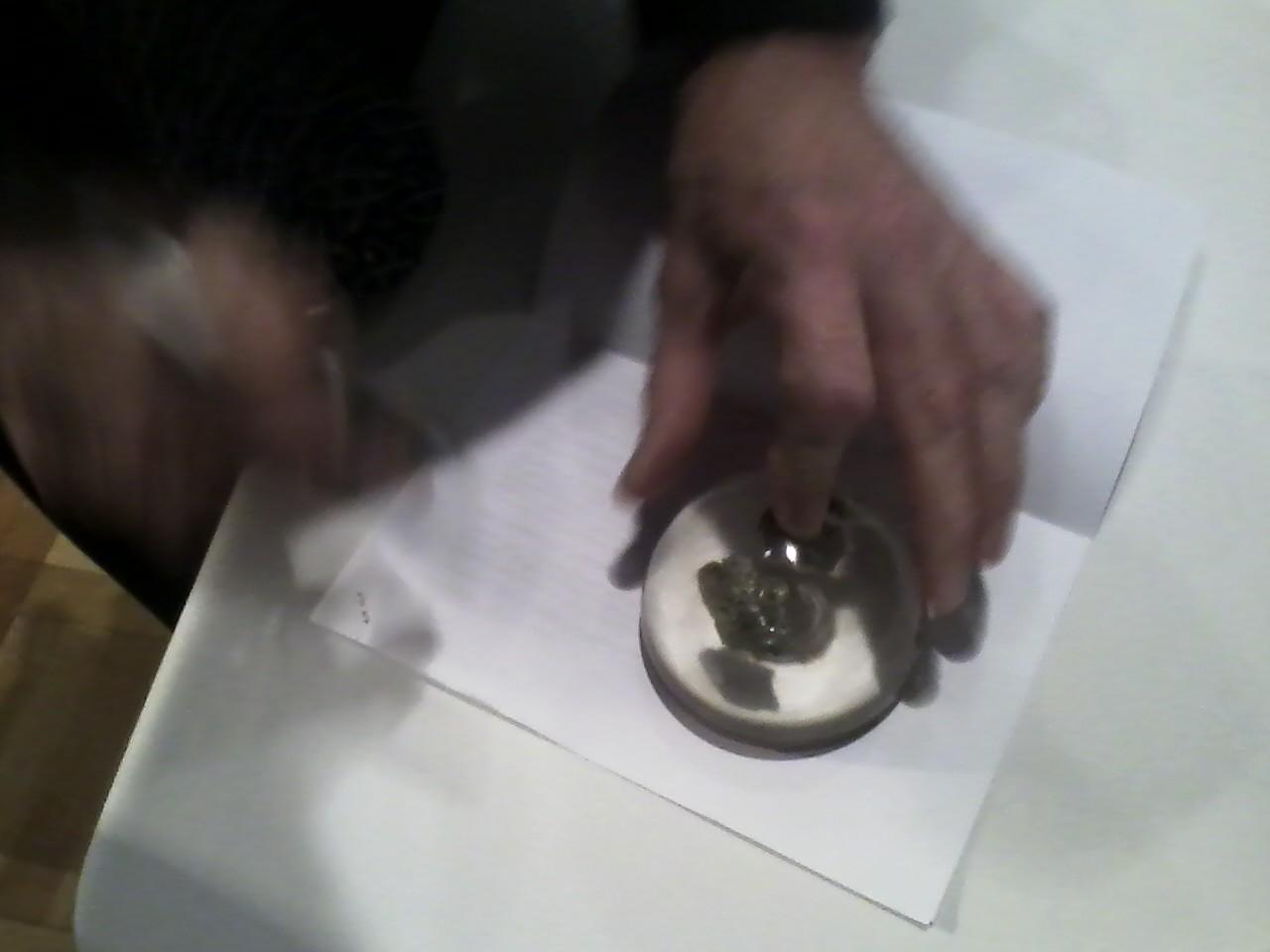 John Coster-Mullen tracing the diameter of the lucite hemisphere