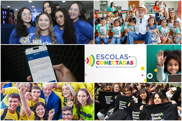 Grupo de jovens com camisetas coloridas sorrindo em evento relacionado à educação.