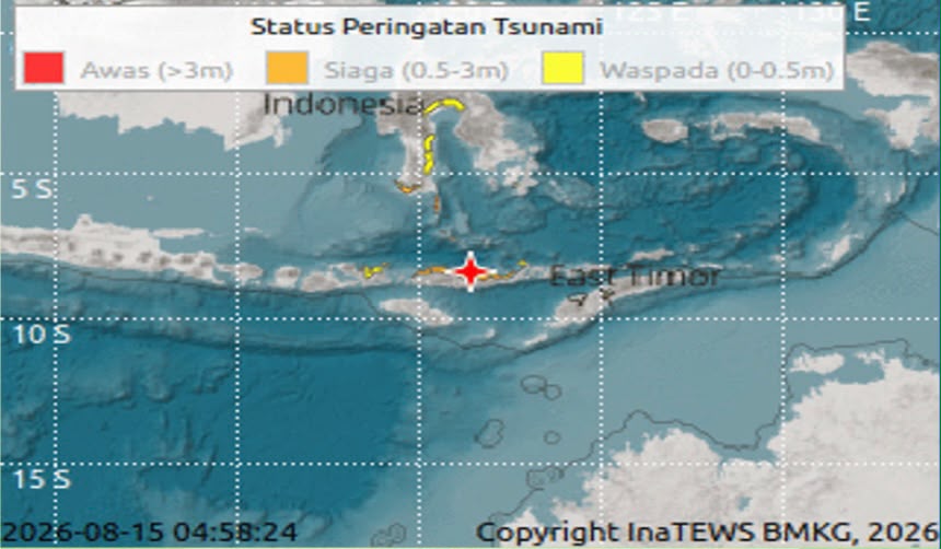BMKG merilis pemutakhiran peta potensi tsunami menyusul gempa yang terjadi baru-baru ini. Titik merah menandai pusat gempa, sementara wilayah berwarna kuning ditetapkan berstatus Waspada tsunami. Tetap tenang dan jauhi area pantai.