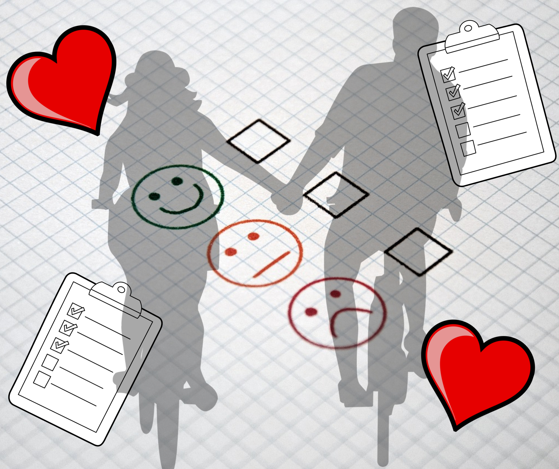 a couple riding bikes and holding hands, superimposed over a checklist for couple compatibility.