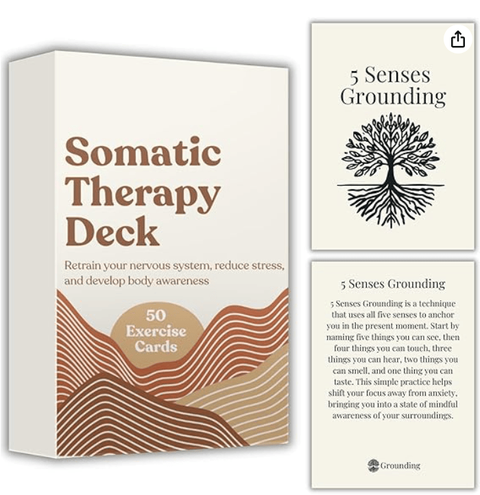 Somatic Therapy Deck box with text highlighting its purpose and features, including '50 Exercise Cards' and instructions for '5 Senses Grounding' technique.