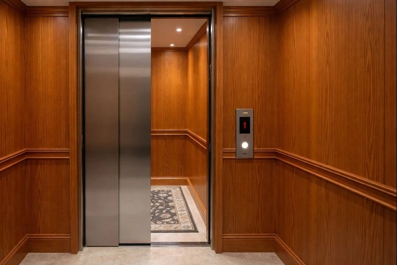 Technician installing elevator guide rails inside hoistway.