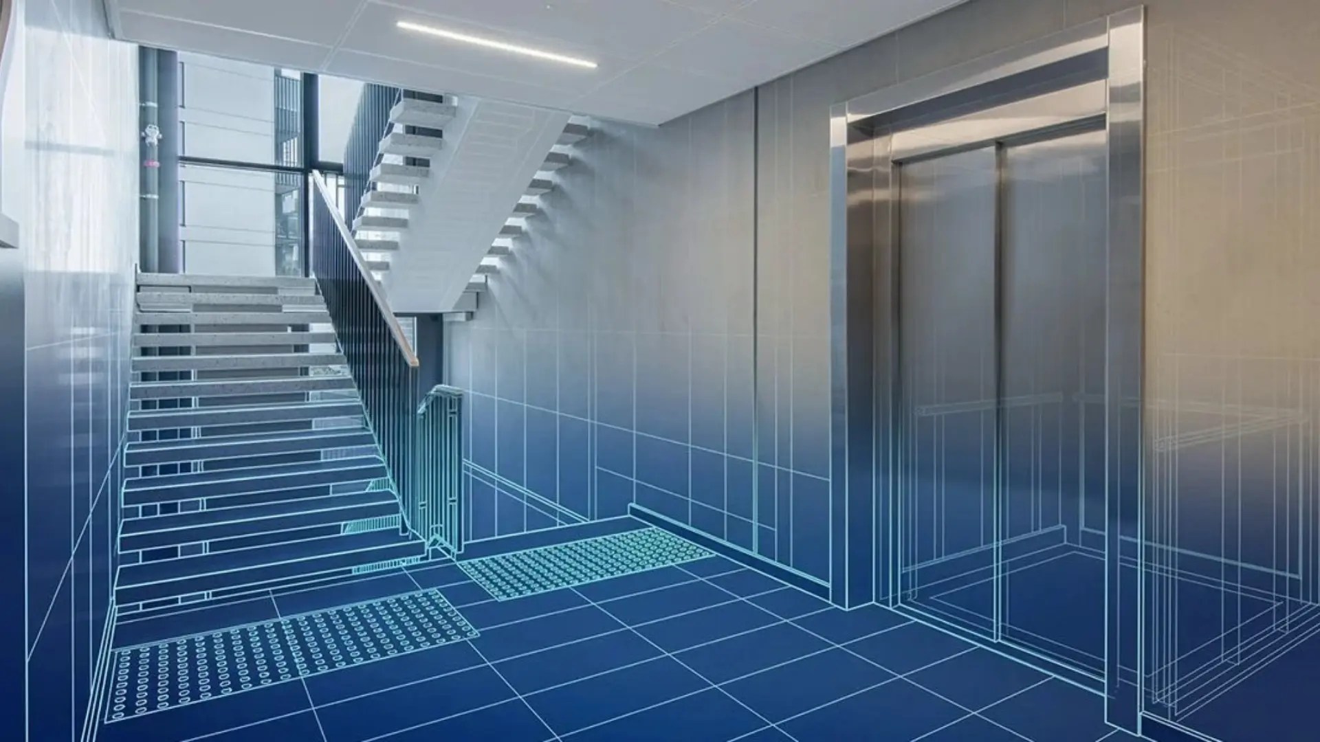 Modern commercial building interior featuring an elevator beside a staircase with digital blueprint overlay representing elevator planning and building infrastructure.