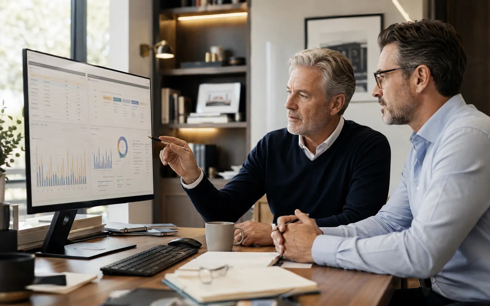 Established business owner and advisor reviewing a growth dashboard