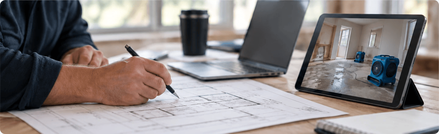 Estimate writing workspace with construction plans and a tablet showing water damage restoration equipment.
