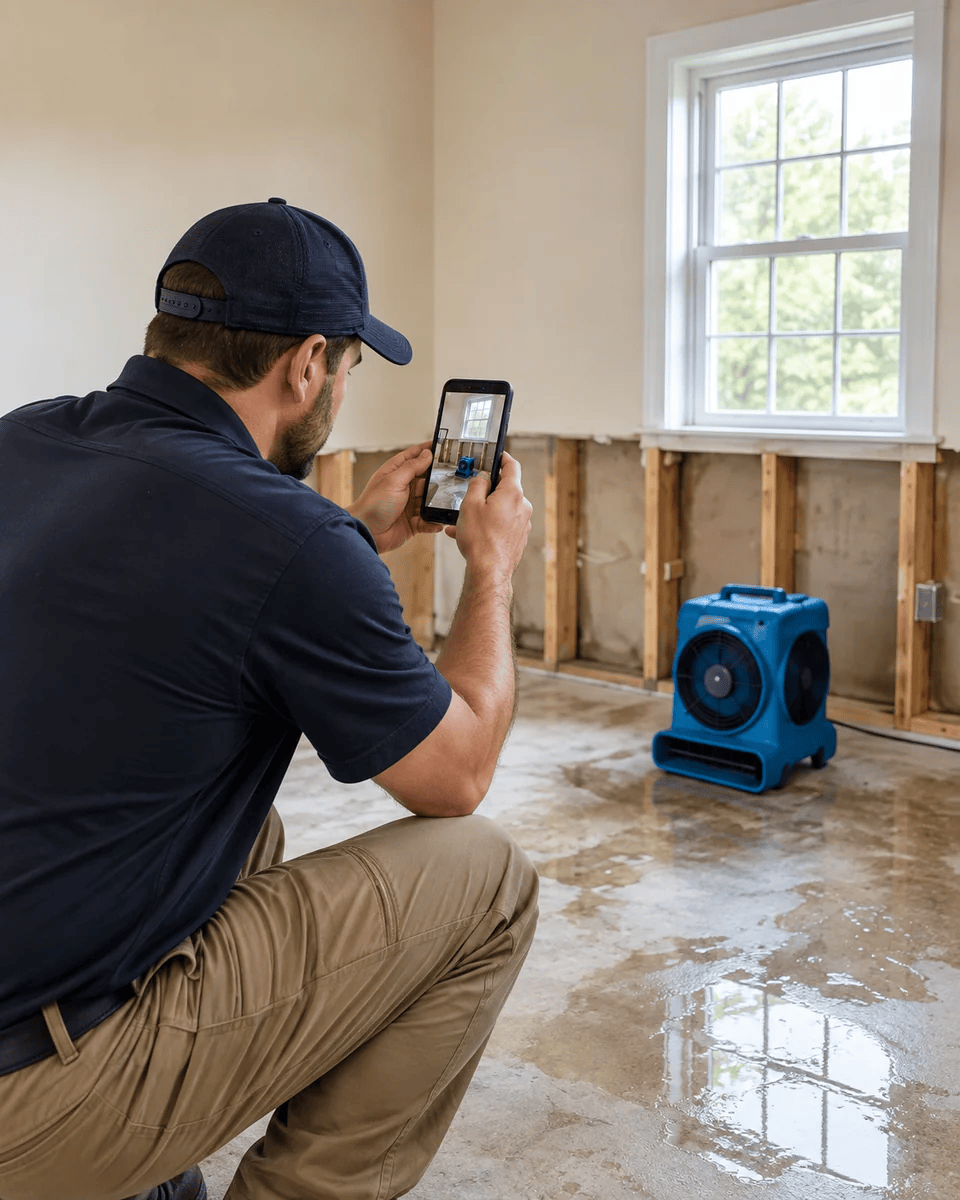 Restoration contractor documenting a damaged room with a smartphone.