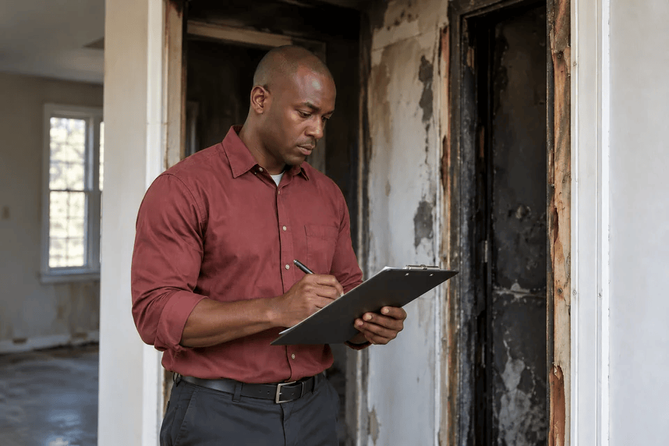Restoration estimator in a burgundy work shirt documenting a smoke-affected doorway on a clipboard.
