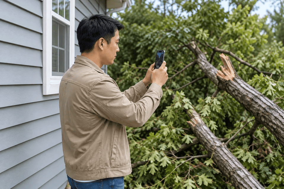Contractor in a tan utility jacket photographing exterior storm damage beside a fallen branch.