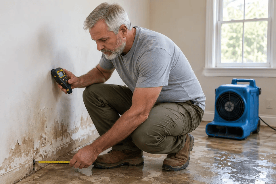 Restoration contractor checking a moisture-affected wall with a meter and tape measure beside drying equipment.
