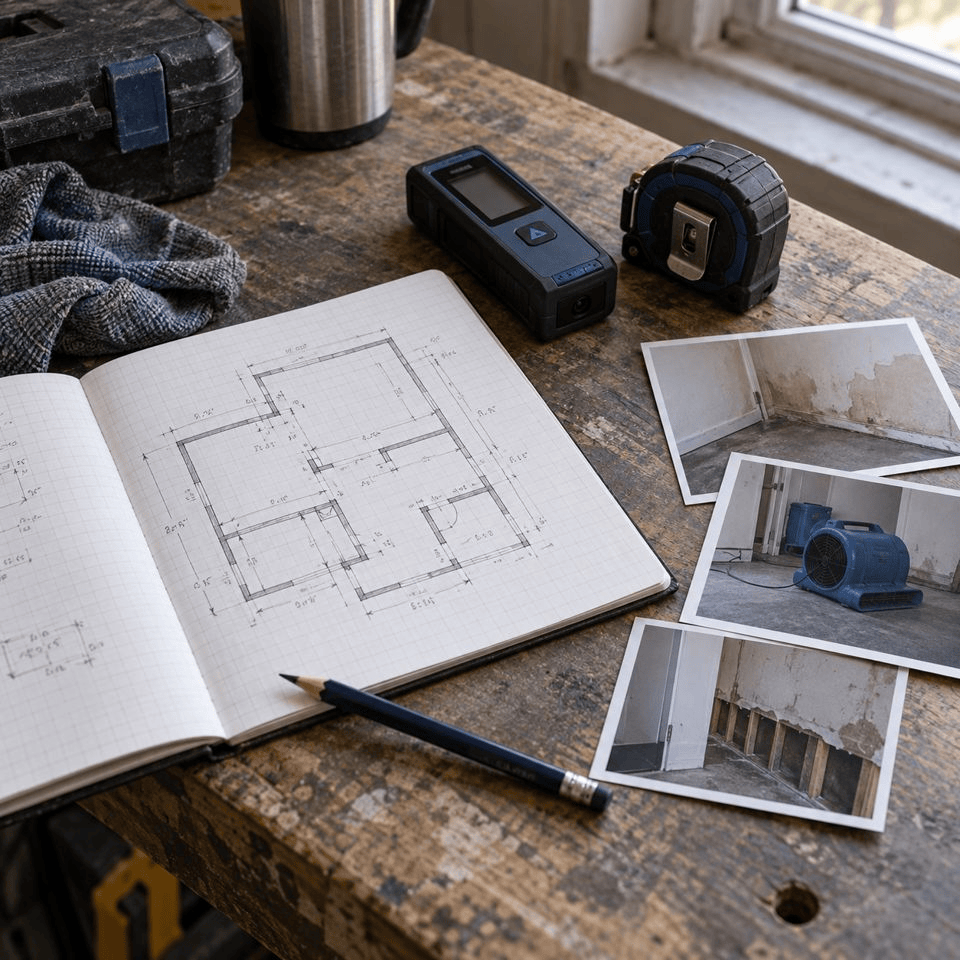 Room sketch, measuring tools and restoration photographs arranged on a contractor’s workbench.