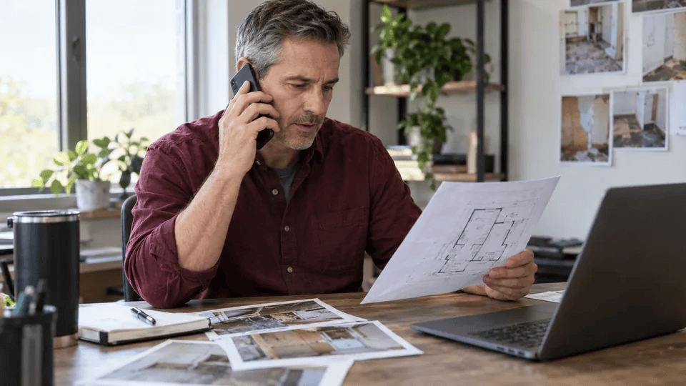 An estimator discussing project documentation by phone at a work desk.