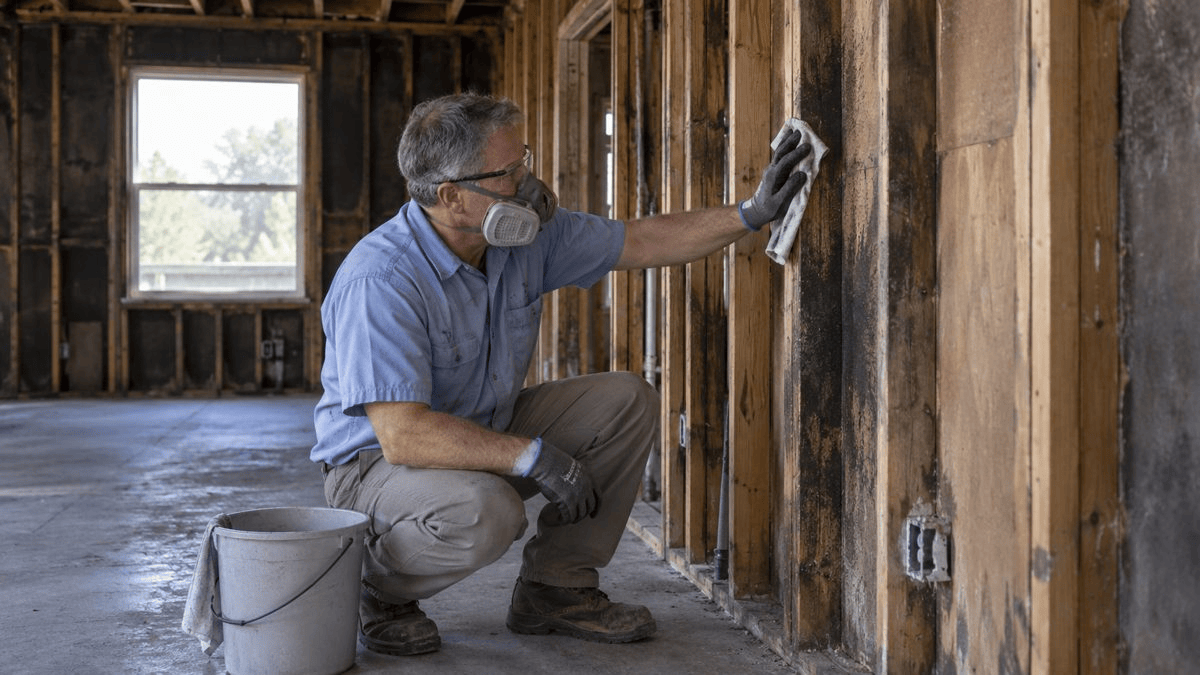 A worker cleaning smoke-marked timber framing in a stripped residential room.
