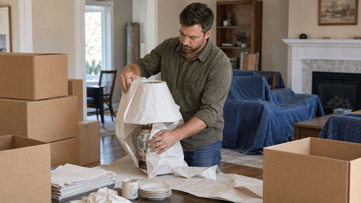 A worker wrapping household contents for a pack-out beside protective blankets and cartons.
