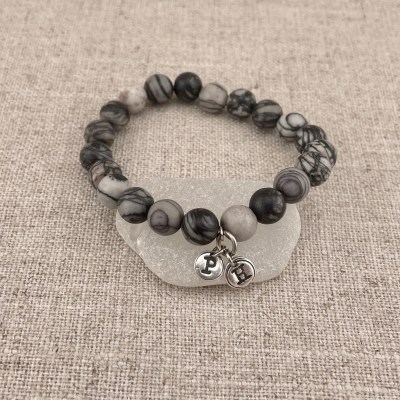 Black and Gray Agate Initial Bracelet