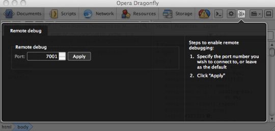 The remote debugging panel in Dragonfly