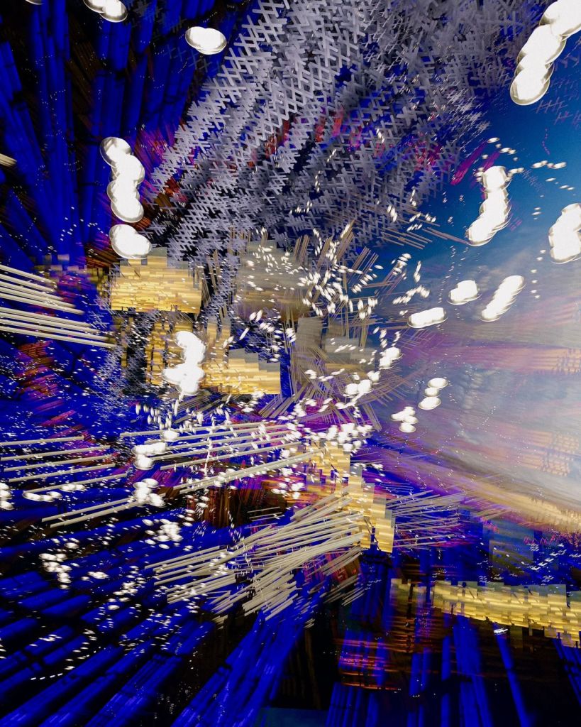 Blue and violet abstract urban field with white clustered marks, glowing circular lights and gold rectangular fragments.